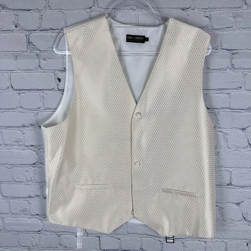 Umo Lorenzo Men's Textured Geometric Print Satin Lined Formal Vest Size L, Cream